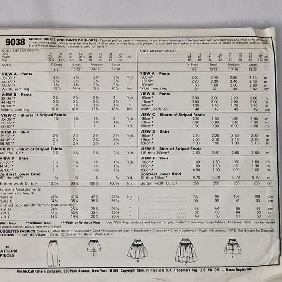 Vintage 80s McCalls Pattern 9038 Skirt Shorts Pants Brooke Shields Sz S Uncut - Picture 2 of 2